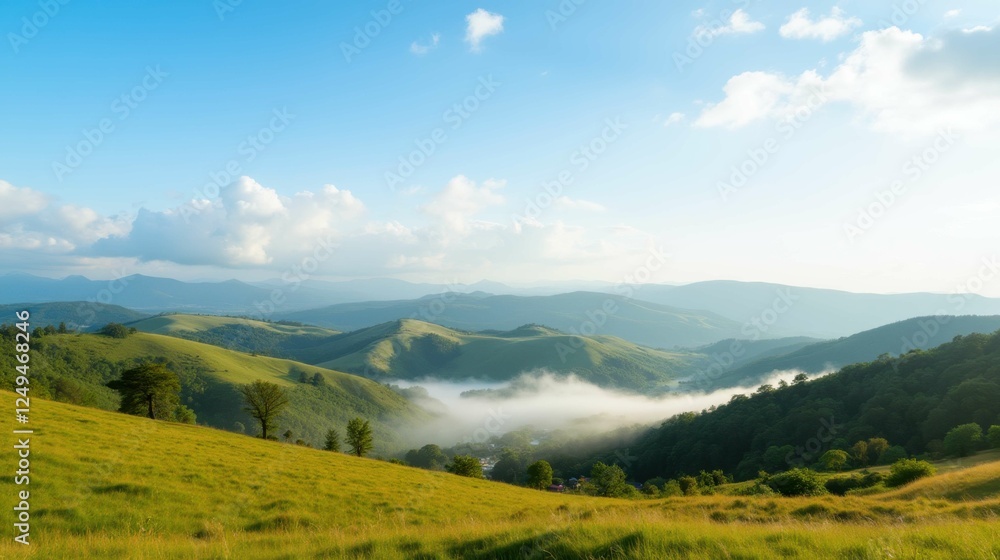 Serene Landscape with Rolling Hills and Misty Valley under Blue Sky Serene Landscape with Rolling Hills and Misty Valley under Blue Sky
