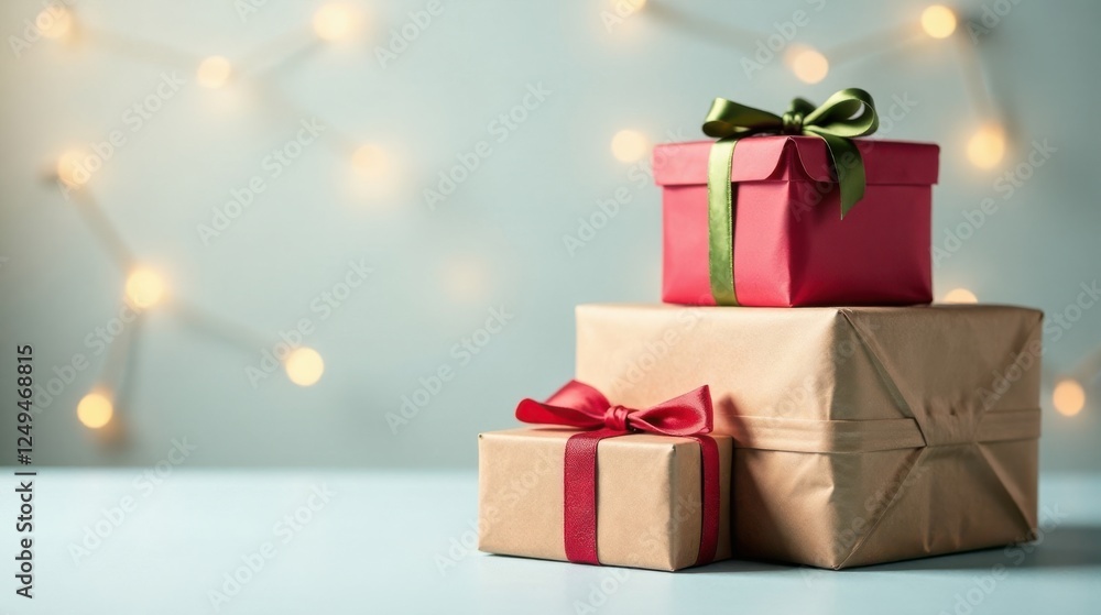 Festive Wrapped Gifts Stacked on a Table with a Soft Bokeh Background of Sparkling Lights Festive Wrapped Gifts Stacked on a Table with a Soft Bokeh Background of Sparkling Lights