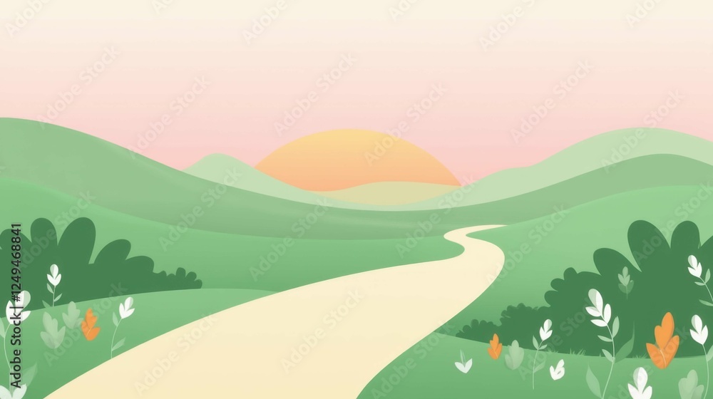 Vibrant Sunrise Over Serene Rolling Hills and Gentle Curved Pathway Vibrant Sunrise Over Serene Rolling Hills and Gentle Curved Pathway
