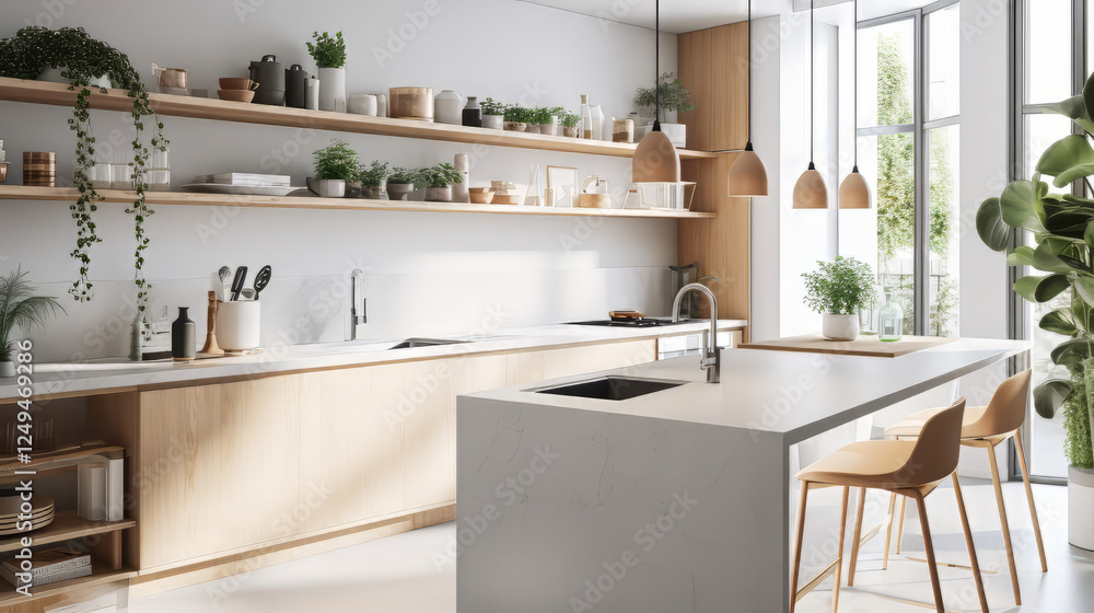 Fototapeta premium A modern Scandinavian-style kitchen with matte white cabinets, light gray marble countertops and backsplash, and wooden accents. The island features a built-in sink with a sleek chrome faucet.