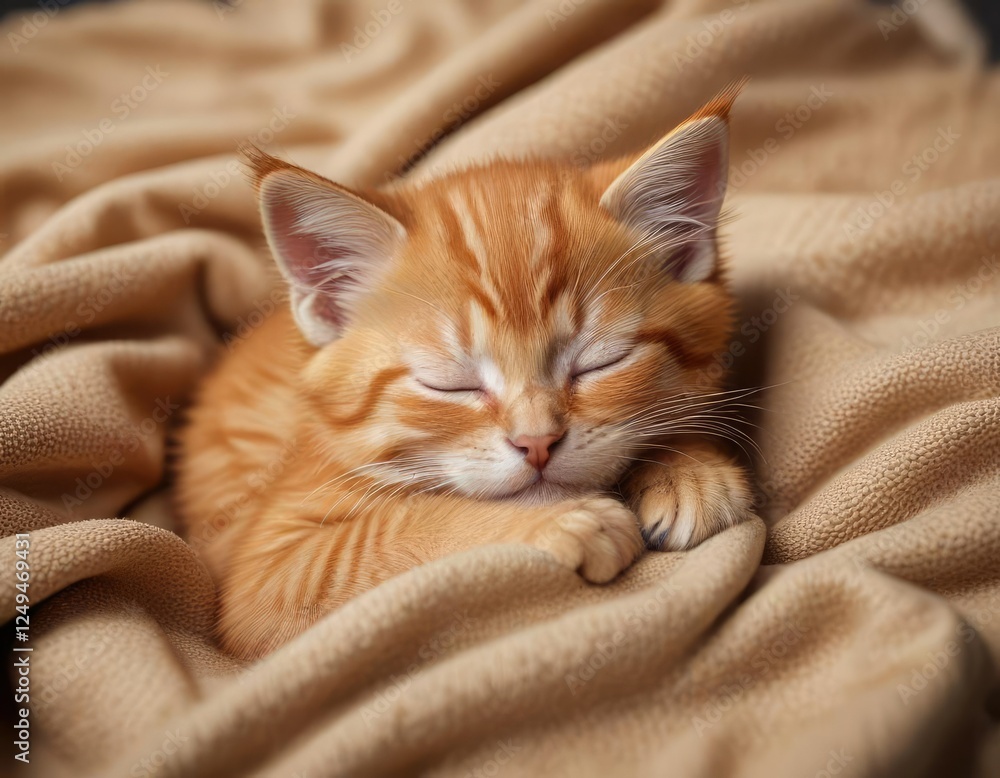 sleepy orange kitten curled up on lap of plush blanket, bedtime routine, calming scene sleepy orange kitten curled up on lap of plush blanket, bedtime routine, calming scene