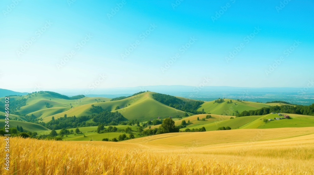 Obraz premium Serene Landscape of Rolling Hills and Wheat Fields Under Blue Sky