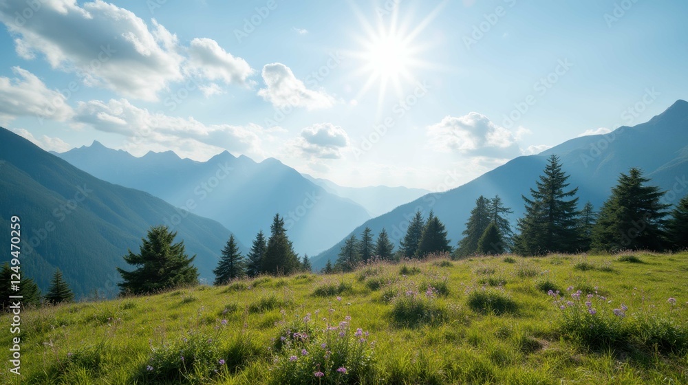 Fototapeta premium Serene Mountain Landscape with Lush Green Grass and Bright Sunlight