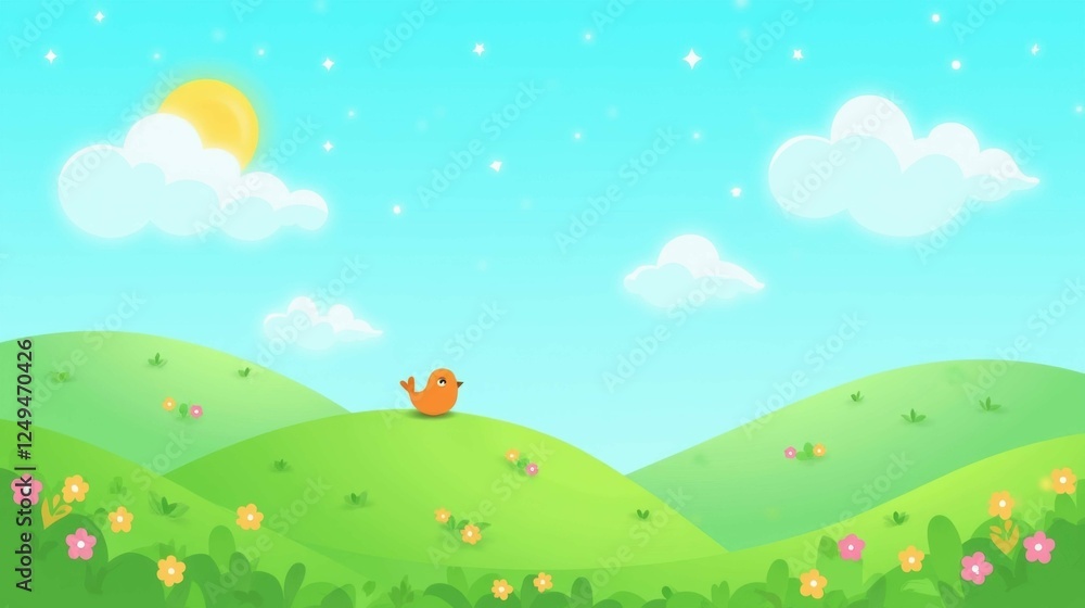 Whimsical Landscape with Bird, Flowers, and Sunny Sky Background Whimsical Landscape with Bird, Flowers, and Sunny Sky Background