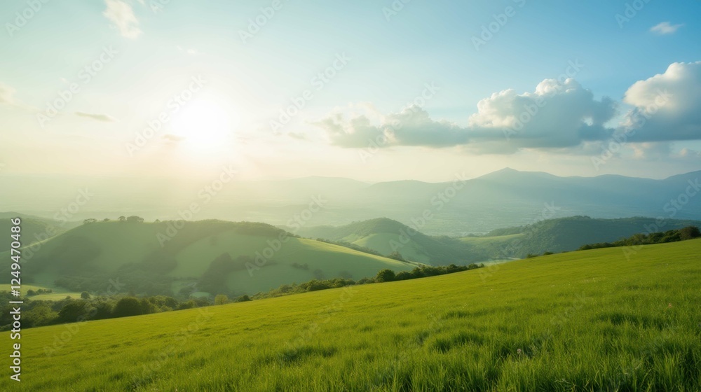 Serene Landscape with Rolling Hills and Gentle Sunlight Serene Landscape with Rolling Hills and Gentle Sunlight