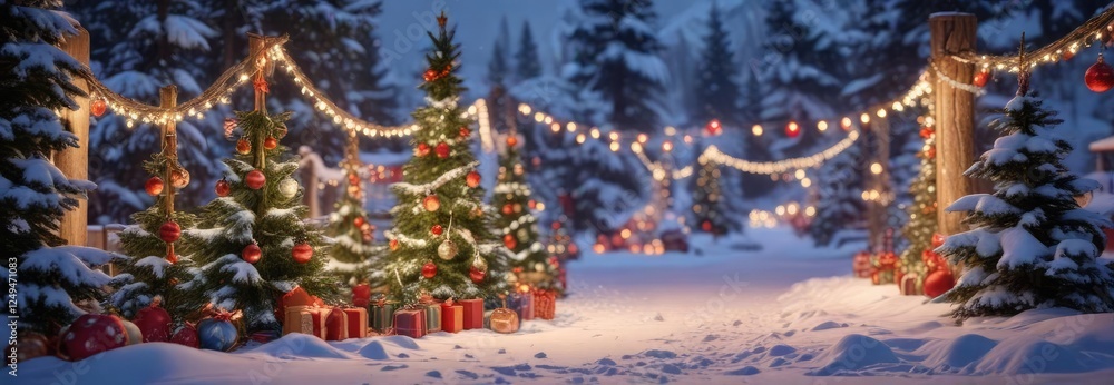 Fototapeta premium Snowy Landscape with Christmas Ornaments and Garlands , snowy village, twinkling lights
