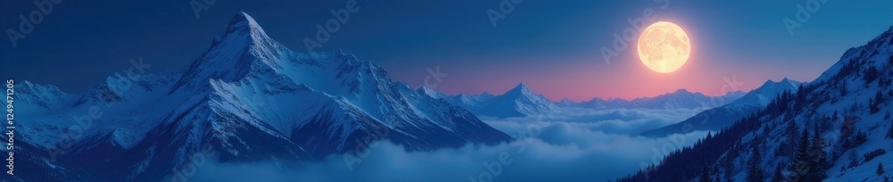 Snowy mountains under the soft glow of a full moon, serene atmosphere, glowing moon, lunar landscape Snowy mountains under the soft glow of a full moon, serene atmosphere, glowing moon, lunar landscape