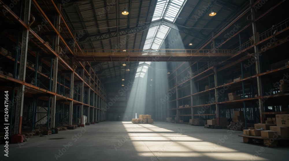 Sunlight Beams In Empty Warehouse Environment with Pallet Racks Sunlight Beams In Empty Warehouse Environment with Pallet Racks