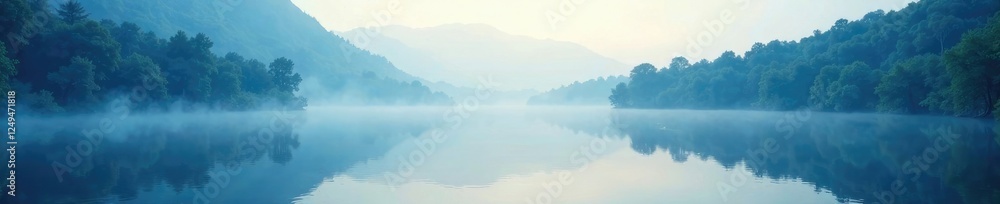 Fototapeta premium Soft blue morning light peeks over a quiet lake, serene environment, lake landscape, reflection
