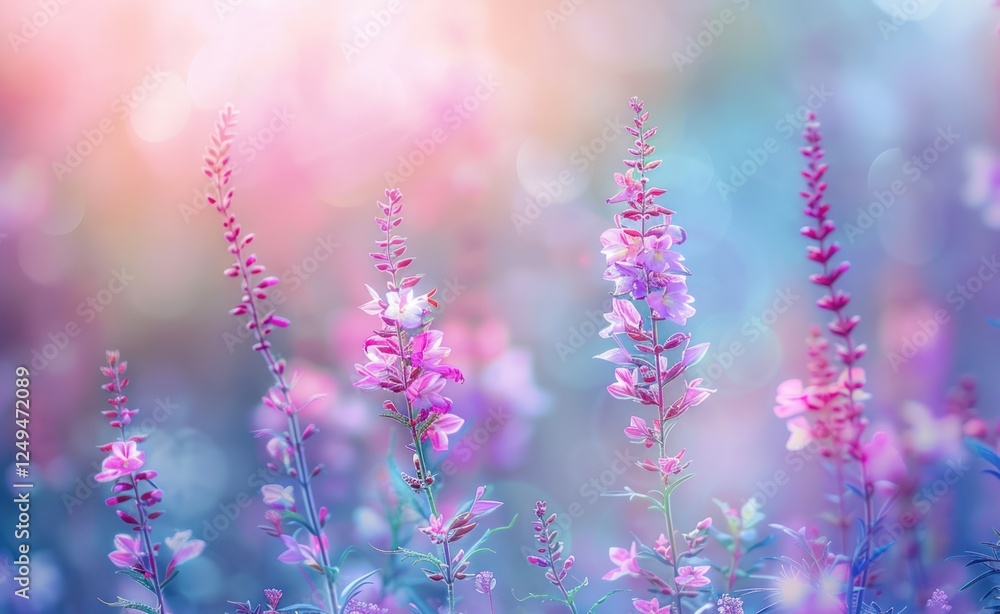 Naklejka premium purple pink wild flowers in field in nature in summer spring in sunlight with beautiful round bokeh with a soft focus bokeh lighting nature