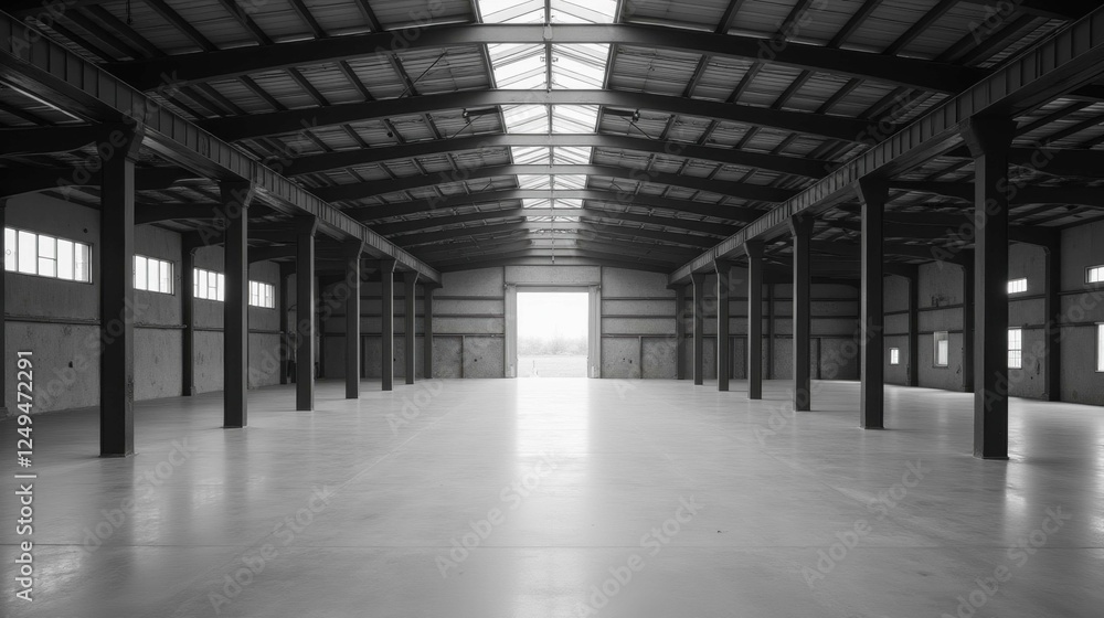 Vast Empty Industrial Warehouse with Large Open Space and Columns Vast Empty Industrial Warehouse with Large Open Space and Columns