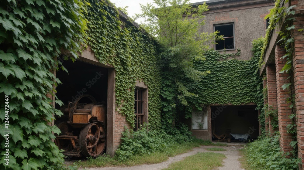 Overgrown Industrial Area with Abandoned Machinery Surrounded by Nature Overgrown Industrial Area with Abandoned Machinery Surrounded by Nature