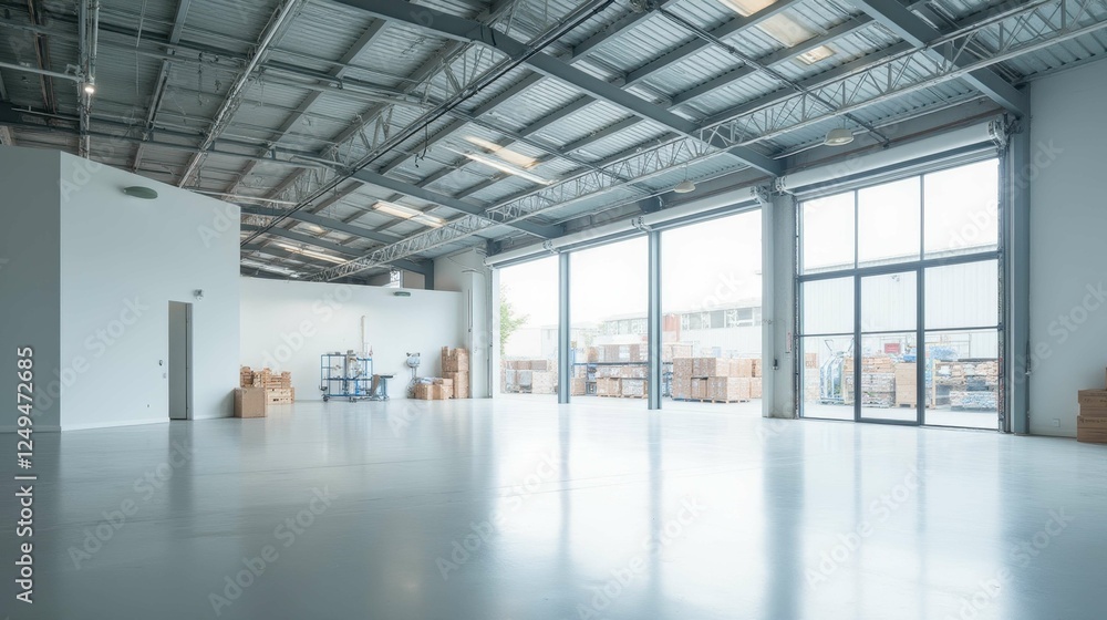 Bright and Spacious Warehouse Interior with Modern Industrial Design Bright and Spacious Warehouse Interior with Modern Industrial Design