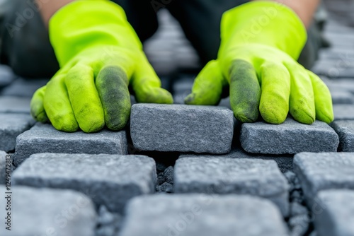 Worker Aligning Cobblestones with Neon Gloves for Pavement Construction photo