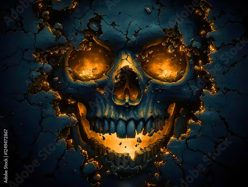 Skull emerges in abstract surrealism creepy with fire and swirling smoke. Eerie Skull Illumination Emerging from Cracked Dark Wall