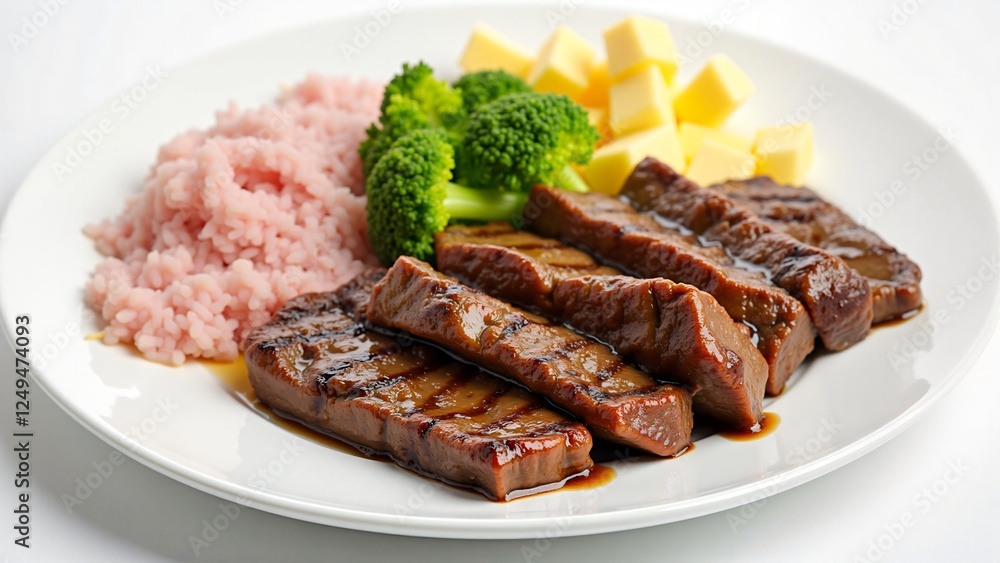 Delicious Grilled Steak with Pink Rice, Broccoli, and Cheese Cubes Delicious Grilled Steak with Pink Rice, Broccoli, and Cheese Cubes