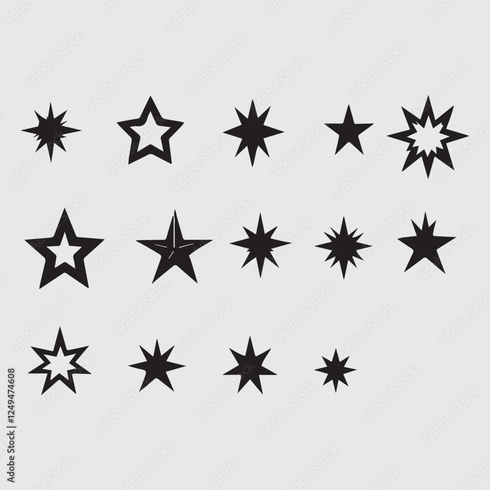 Shining Black Stars Collection. Set Of 14 Decorative Star Icons For Web Use. Different Style Silhouette Stars Abstract Element Shining Black Stars Collection. Set Of 14 Decorative Star Icons For Web Use. Different Style Silhouette Stars Abstract Element