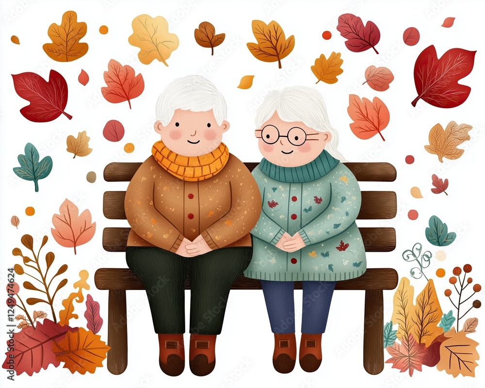 Fototapeta premium A romantic autumn illustration of an elderly couple sitting on a bench, holding hands