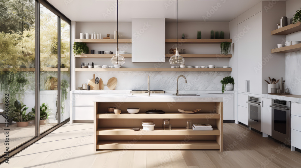 A modern Scandinavian-style kitchen with matte white cabinets, light gray marble countertops and backsplash, and wooden accents. The island features a built-in sink with a sleek chrome faucet. A modern Scandinavian-style kitchen with matte white cabinets, light gray marble countertops and backsplash, and wooden accents. The island features a built-in sink with a sleek chrome faucet.