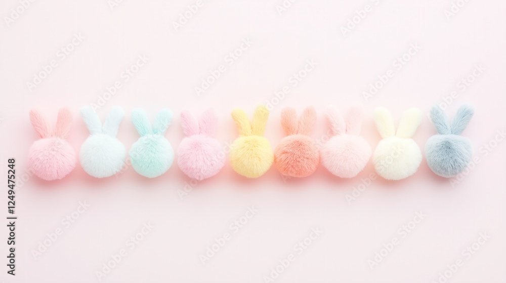 Row of pastel colored pom pom bunnies lined up against a soft pink background, evoking a playful and festive easter atmosphere Row of pastel colored pom pom bunnies lined up against a soft pink background, evoking a playful and festive easter atmosphere