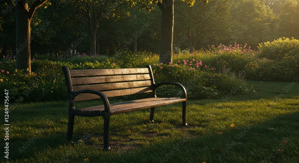 Serene park bench surrounded by lush greenery and blooming flowers during golden hour Serene park bench surrounded by lush greenery and blooming flowers during golden hour