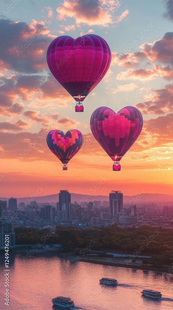 Fototapeta premium Paint a surreal cityscape with heart-shaped hot air balloons at sunset