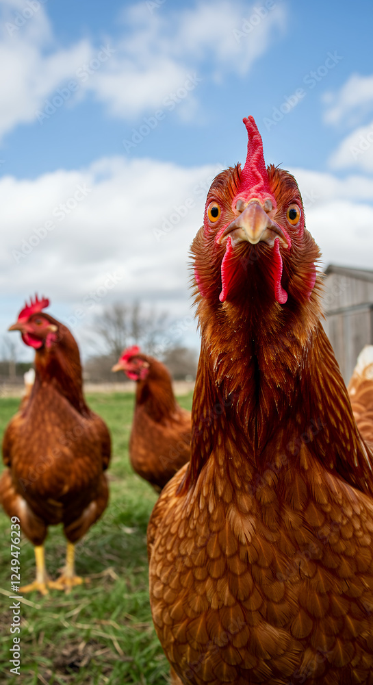Naklejka premium Curious Chicken Stare: Up Close with Rhode Island Reds in the Meadow! Poultry Portrait, Farm Life, & Bird Watching