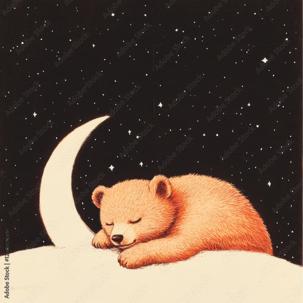 Fototapeta premium Adorable Bear Sleeping Under a Starry Night Sky with Crescent Moon