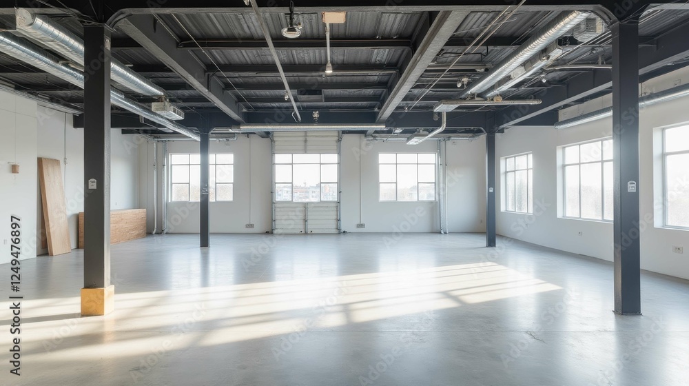 Bright and Spacious Industrial Style Room with Large Windows and Minimal Decor Bright and Spacious Industrial Style Room with Large Windows and Minimal Decor