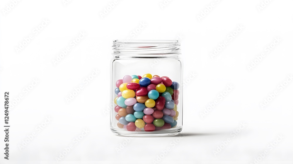 A small glass jar filled with colorful jellybeans, clean white background, transparent isolate A small glass jar filled with colorful jellybeans, clean white background, transparent isolate
