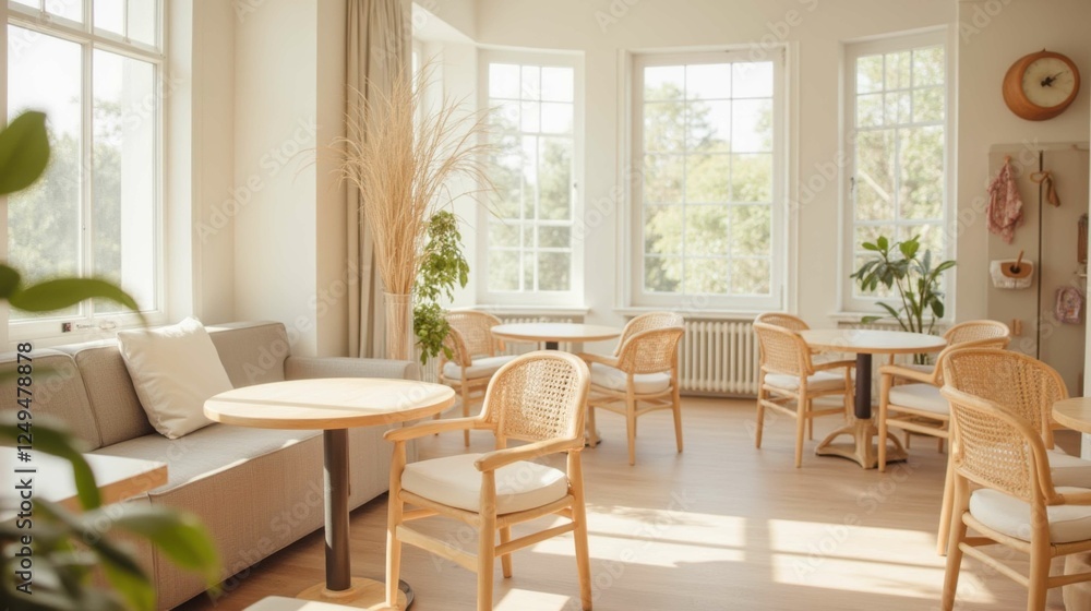 Fototapeta premium Cozy and Bright Cafe Interior with Natural Light and Plants