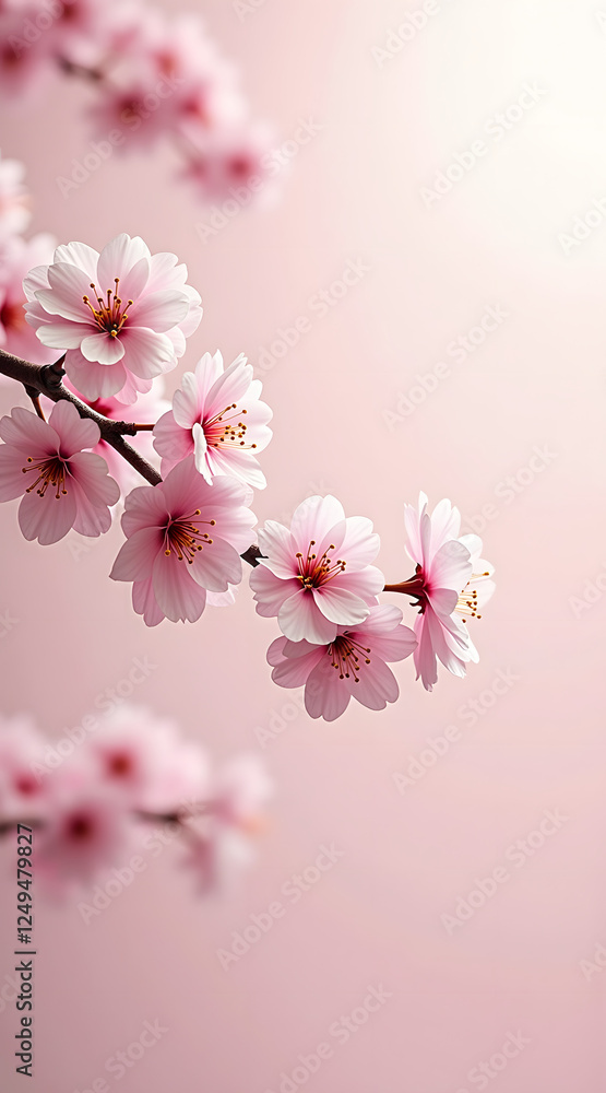 Obraz premium A single cherry blossom branch showcases delicate pink flowers against a soft light background, creating a serene and elegant atmosphere with ample space for design elements