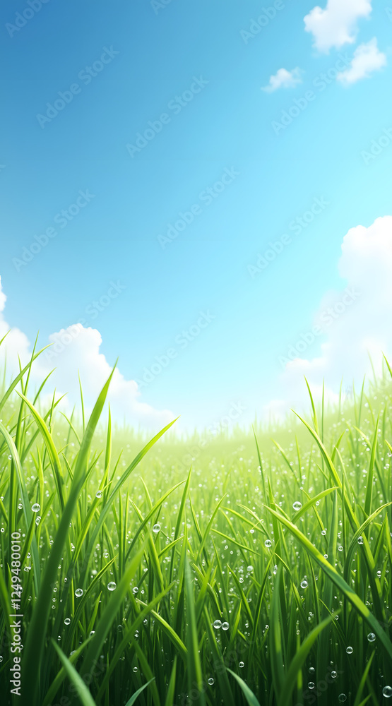 Fototapeta premium Crisp dewy spring grass under a clear blue sky conveys a clean and spacious feel, inviting tranquility and freshness in the serene natural landscape
