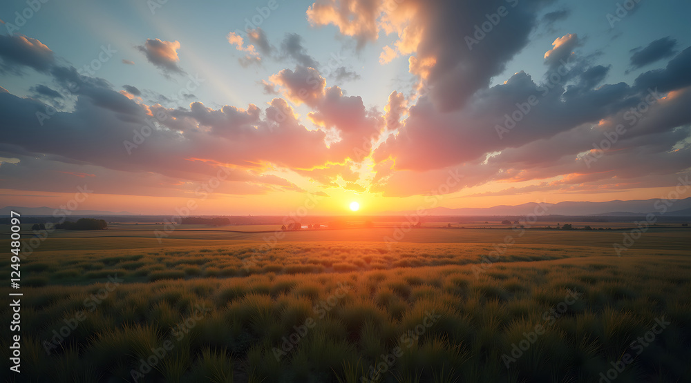 A modern spring sunrise casts warm golden light over a quiet landscape featuring expansive skies and lush green fields under a colorful cloud formation A modern spring sunrise casts warm golden light over a quiet landscape featuring expansive skies and lush green fields under a colorful cloud formation
