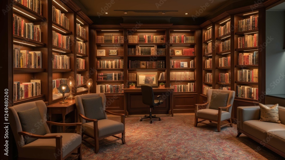 Cozy Home Library with Wooden Shelves and Soft Ambient Lighting Cozy Home Library with Wooden Shelves and Soft Ambient Lighting