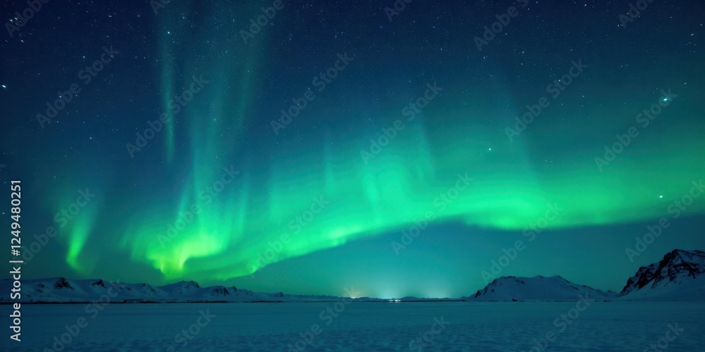 Naklejka premium Celestial Display Over Frozen Landscape Vibrant Aurora Borealis Illuminates Snowy Mountains and a Serene Expanse of Ice