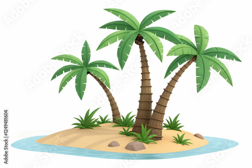 A tropical island scene featuring three palm trees surrounded by water, lush greenery, and sandy beach elements, creating a serene and picturesque environment.