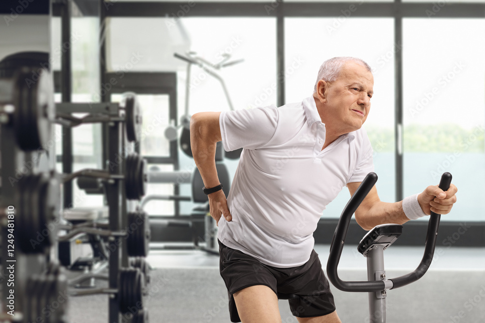 Mature man with backpacin riding an exercise bike Mature man with backpacin riding an exercise bike