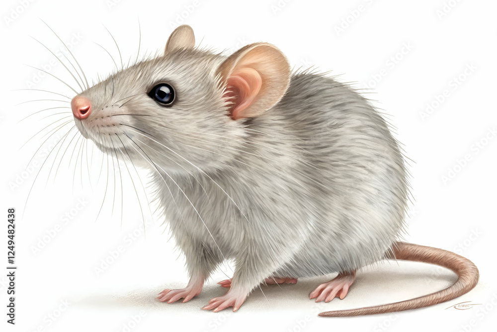 A cute, realistic illustration of a gray mouse, showcasing its large ears, whiskers, and bright eyes, in a side profile view. A cute, realistic illustration of a gray mouse, showcasing its large ears, whiskers, and bright eyes, in a side profile view.