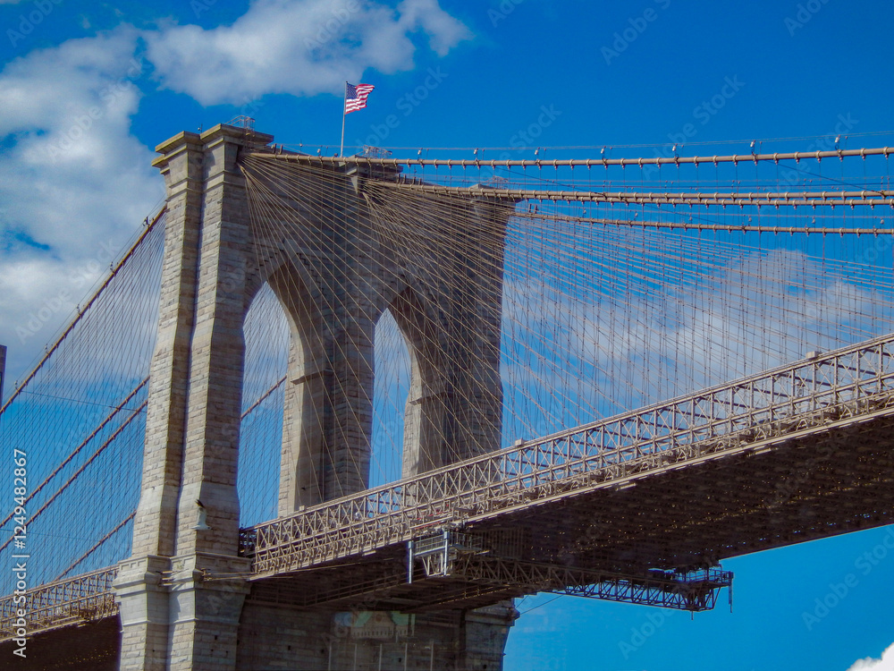 Fototapeta premium A striking view of the Brooklyn Bridge in New York City, showcasing its iconic stone towers and intricate web of steel cables against a vibrant blue sky. The American flag waves proudly atop the struc