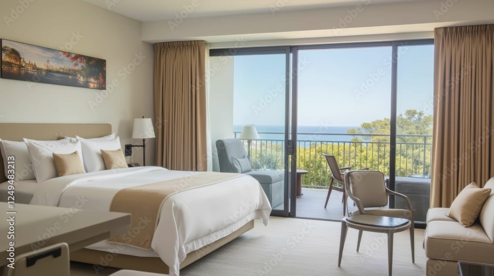 Fototapeta premium Serene Coastal Hotel Room with Scenic Ocean View and Modern Decor