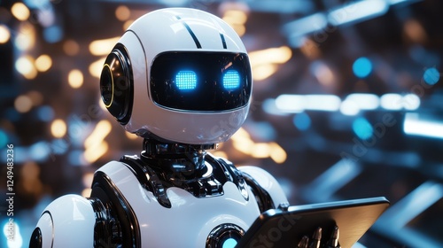 Intelligence robot hold the tablet with modern factory background using for future machine labor referent.