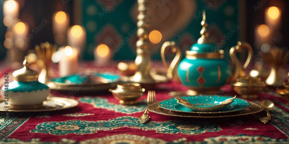 Fototapeta premium Decorative table setting with turquoise tableware and golden accents for an evening gathering in a cozy environment