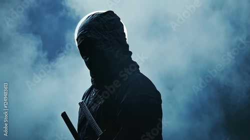 Mysterious ninja warrior standing under full moon, foggy night atmosphere, stealth and martial arts concept.	
