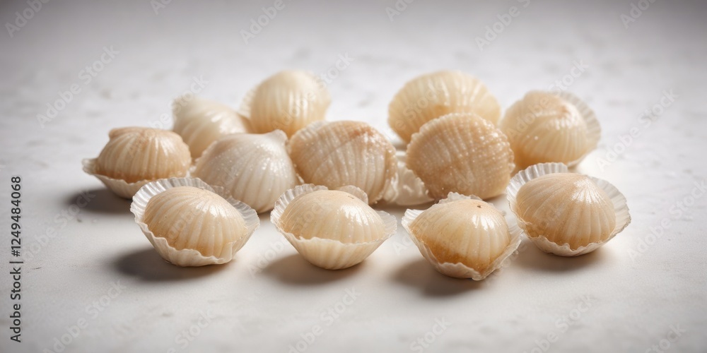 A Delicate Collection of Creamy Shell-Shaped Confections Arranged on a Smooth Surface A Delicate Collection of Creamy Shell-Shaped Confections Arranged on a Smooth Surface