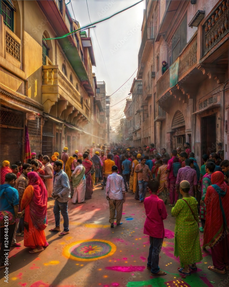 Holi festival of colors in India. Indian streets with people celebtating Holi festival. Holi powder colorful explosions Holi festival of colors in India. Indian streets with people celebtating Holi festival. Holi powder colorful explosions