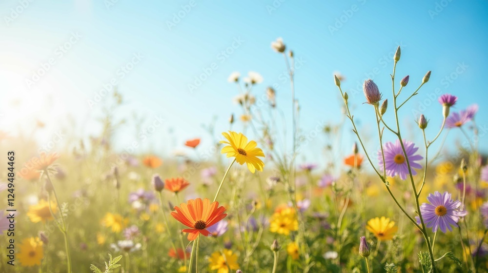 Vibrant Wildflower Field Under Clear Blue Sky During Sunset Vibrant Wildflower Field Under Clear Blue Sky During Sunset