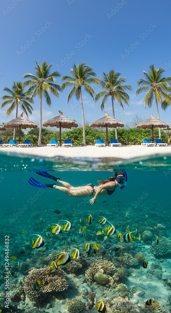 ** Snorkeling Paradise: Dive into Crystal Waters & Tropical Reefs! Beach, Palms & Underwater Wonders Await.