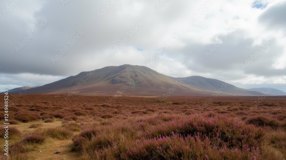 Scenic Highland Landscape with Mountain and Purple Heather Field Scenic Highland Landscape with Mountain and Purple Heather Field