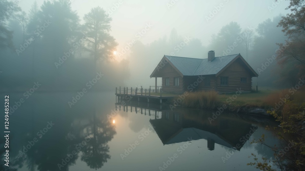 Fototapeta premium Serene Foggy Morning at a Tranquil Lakeside Cabin Retreat